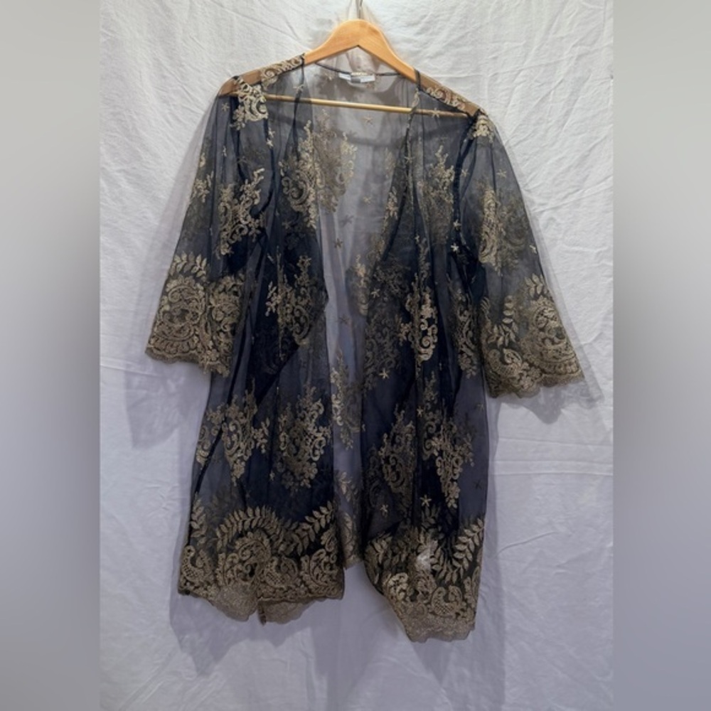 Jessica London Black Sheer beach/pool cover up with Gold Embroidered Detail